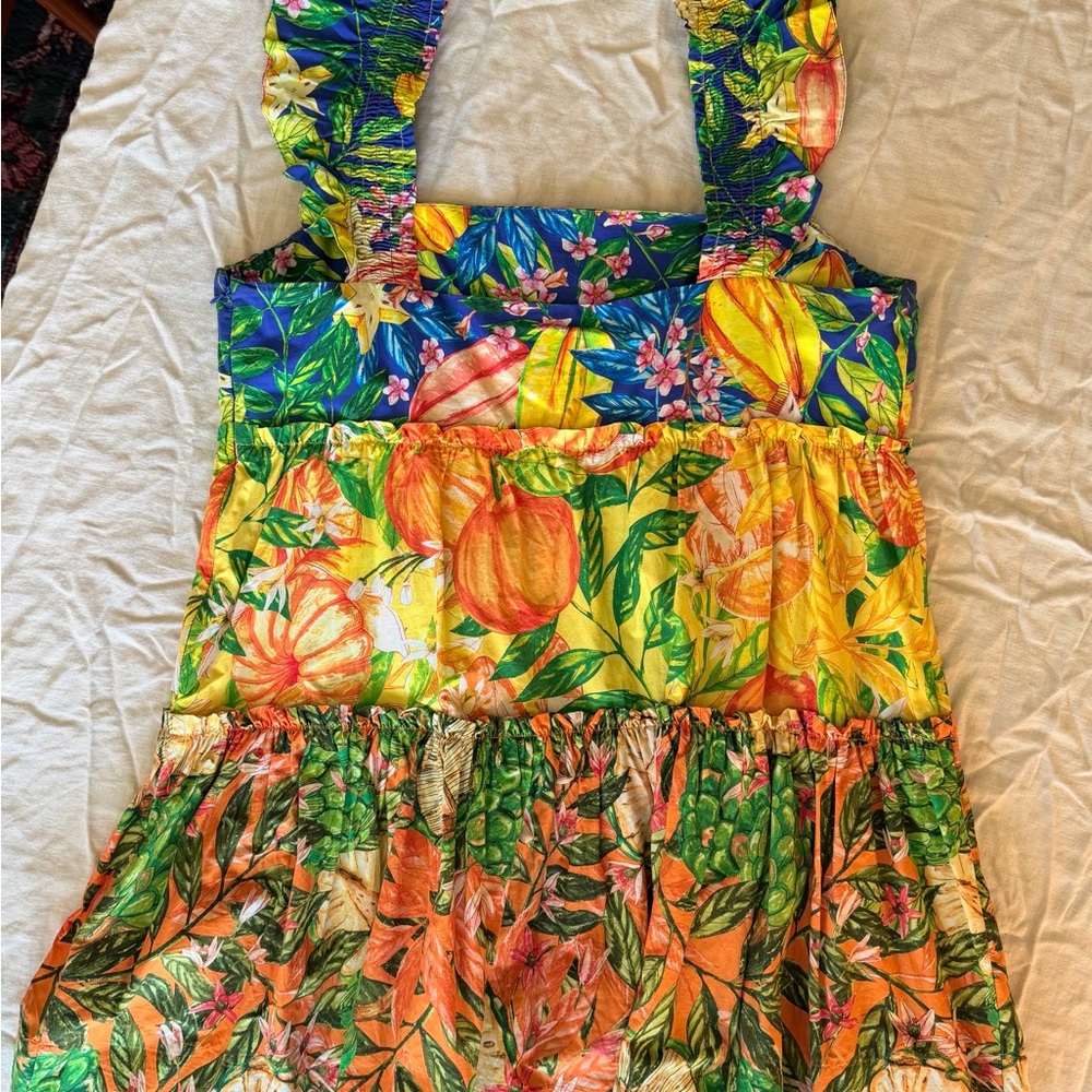 Farm Rio Tropical Fruit Floral Mini Dress XL Sleeveless Tiered - Picture 5 of 10